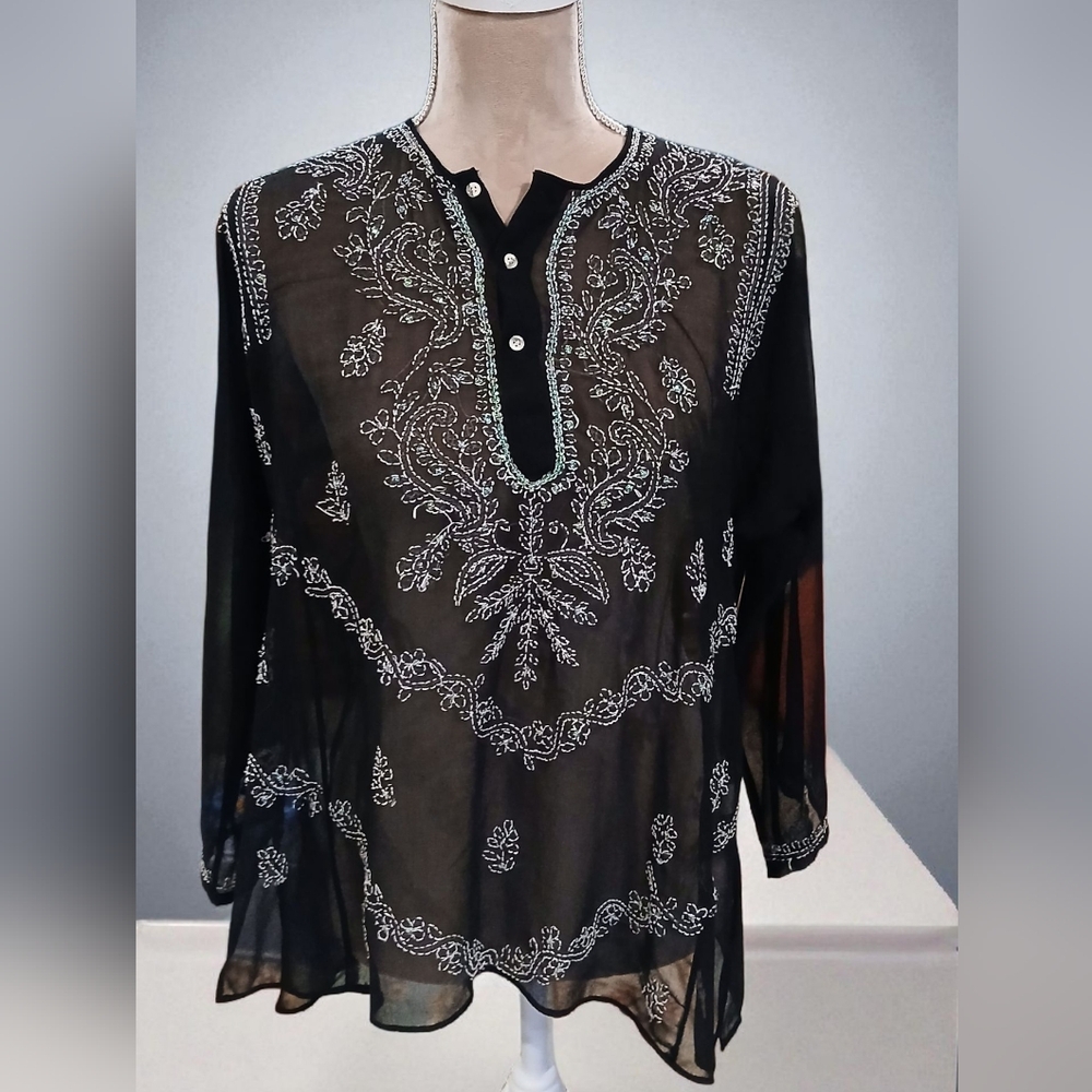 Vtg First Vision Black Sheer Mesh Tunic Shirt Womans Medium Romatic Whimsigoth